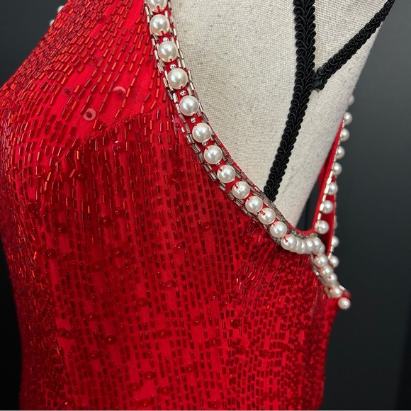 Vintage 80s Red Silk Beaded Pearl Oleg Cassini Black Tie Cocktail Dress Glam 2 - Picture 9 of 11
